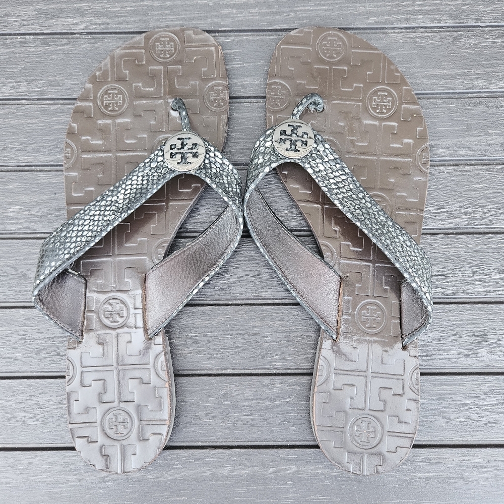 Tory Burch Metallic Silver Snake-Embossed Flip Flop Sandals